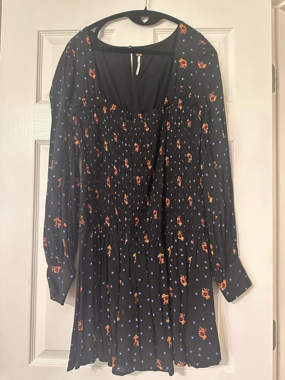 Free people Black Floral Smocked Long-Sleeve Mini Dress